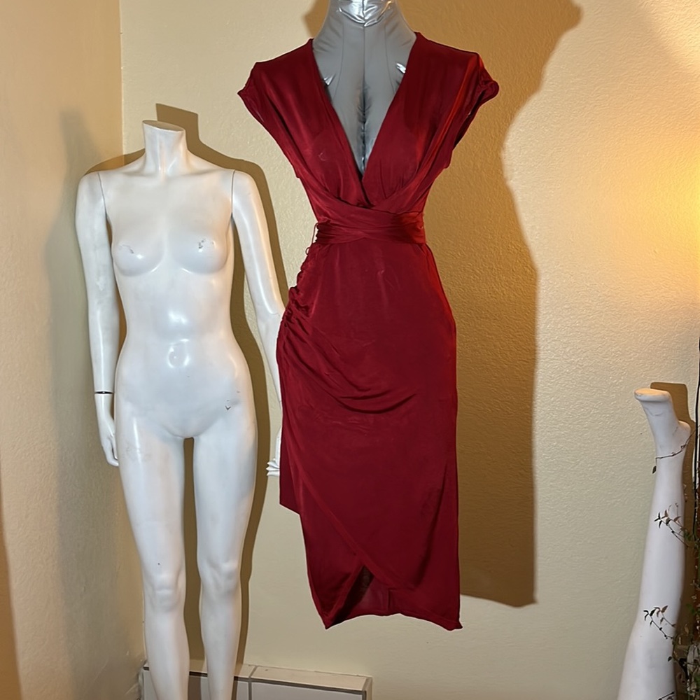 Dark red faux wrap dress, S